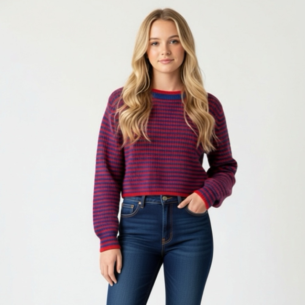 CROPPED PARISIAN STRIPED BRETON SM SWEATER RED/BLUE NAUTICAL‎ COASTAL ST. TROPEZ